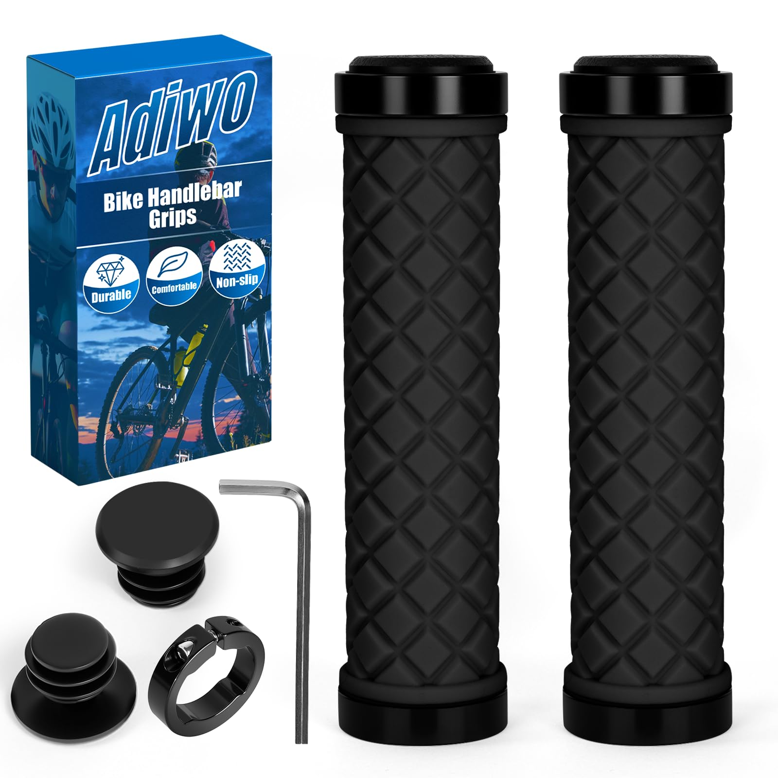 Adiwo Non-Slip Handlebar Grips, 1 Pair Professional Bike Handlebar Grips, Adult Mountain Bike Grips with Soft Anti-Slip Rubber, Ergonomic, Comes with 1 Allen Wrench, Suitable for Most Bicycles