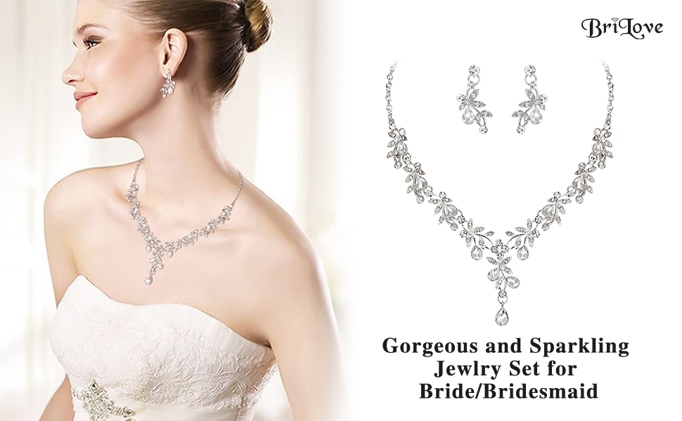 BriLove Wedding Jewelry Set For Bride – Y-Necklace & Dangle Earrings With Crystal Teardrop Leaf Design, Bridal Bridesmaid Gift - View #9