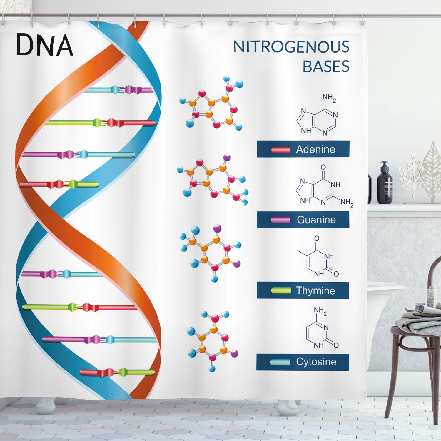 ABAKUHAUS Educational Shower Curtain, DNA Bases Chemistry Biochemistry Biotechnology Science Spiral Genetic, Cloth Fabric Bathroom Decor Set with Hooks, 70 Inches, Multicolor