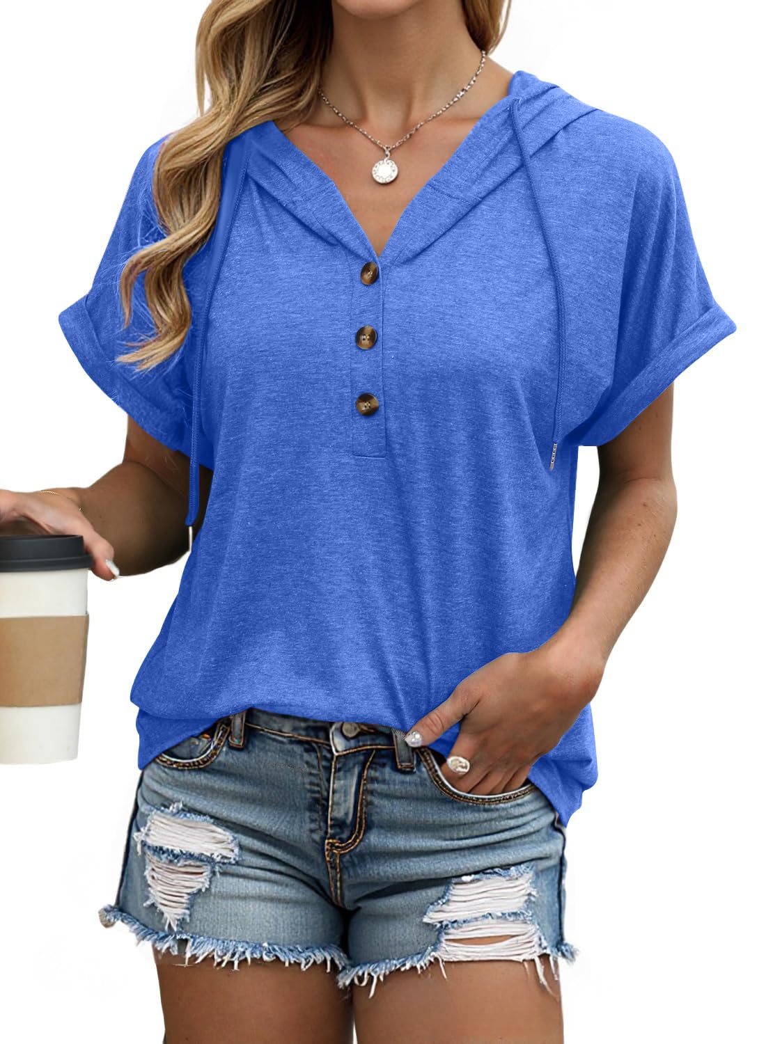 isermeo Womens Oversized Short Rolled Sleeve Summer Hoodie T Shirt 2024 Trendy Henley Button Tshirts S-XXL