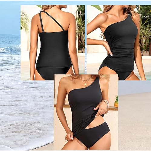 Miniatura 3 de Tempt Me Conjunto de tankini de dos piezas para mujer, traje de baño con control de abdomen, traje de baño de un hombro con parte inferior de bikini