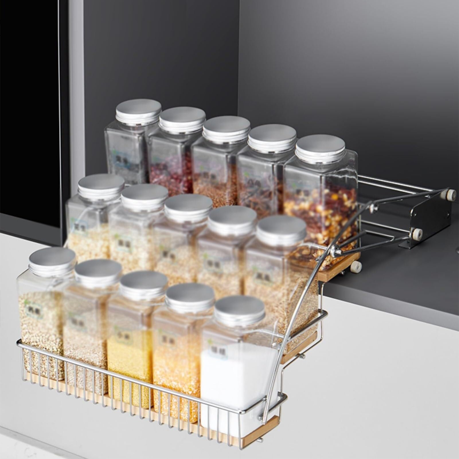 Organizer estraibile a 3 ripiani, in acciaio inox e legno, 29 x 30 x 26 cm, per dispensa, bar, caffetteria