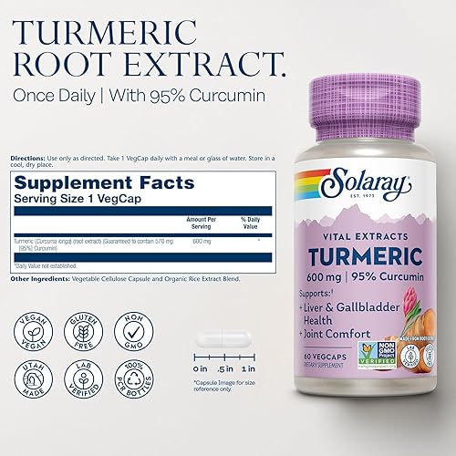 Vista 2 de SOLARAY Suplemento de cúrcuma de 600 mg - Raíz de cúrcuma con 95% de curcumina - Suplemento de apoyo articular - Salud de las articulaciones