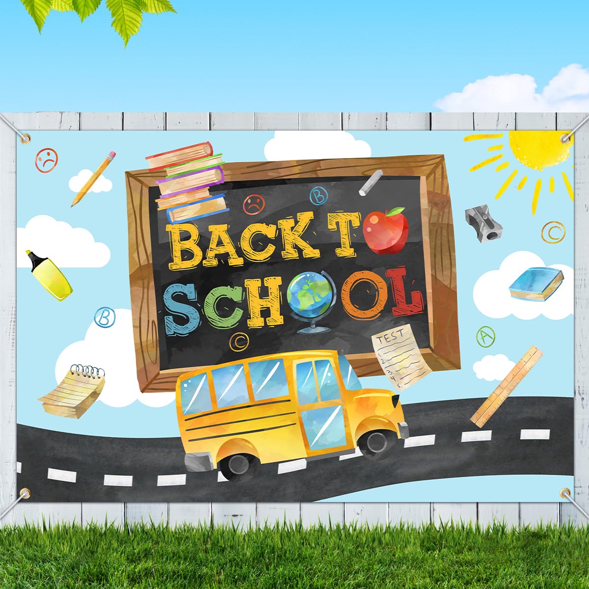 Photo 1 of Back to School Backdrop Decorations-First Day of School Backdrop,Black Chalkboard Globe School Bus Backdrop Banner for School Preschool Kids Classroom Party Photography Background Supplies
