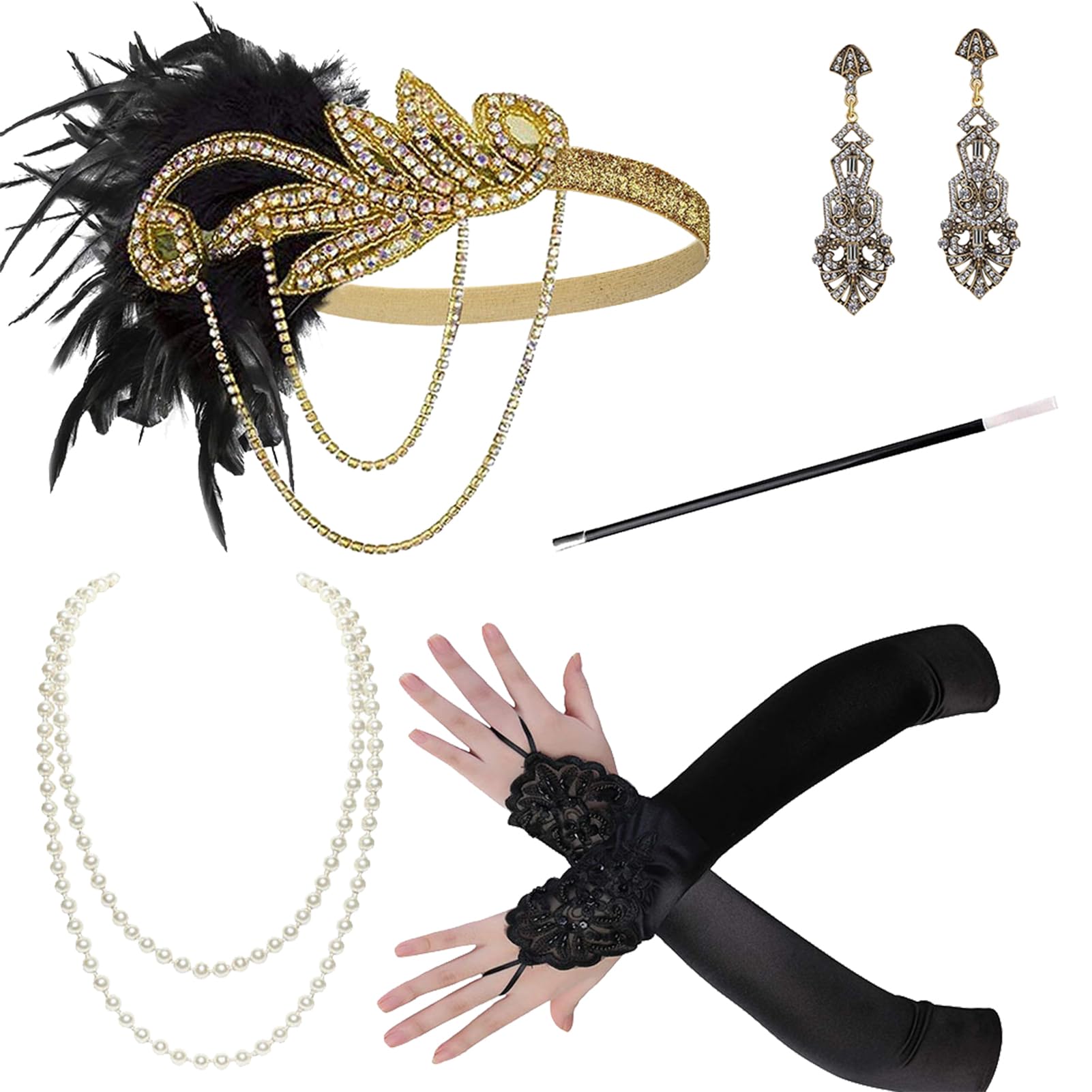 1920s Accessories Women,Great Gatsby Women's Accessories Vintage Set Includes Long Gloves,Earrings,Pearl Necklace,Feather Gold Headband,Smoking Pipe,Flapper Accessories Perfect for Masquerade Party