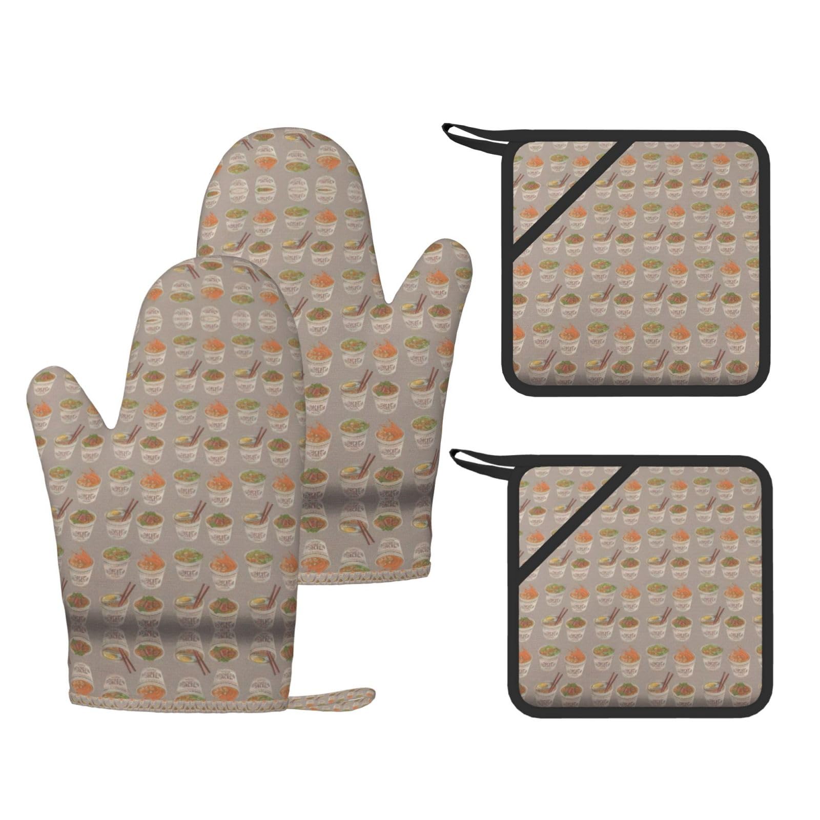 Egg Cup Noodle Ramen Printed Oven Gloves and Hot Pads Set of 4, High Heat Resistant Silicone Mitts for Cooking BBQ