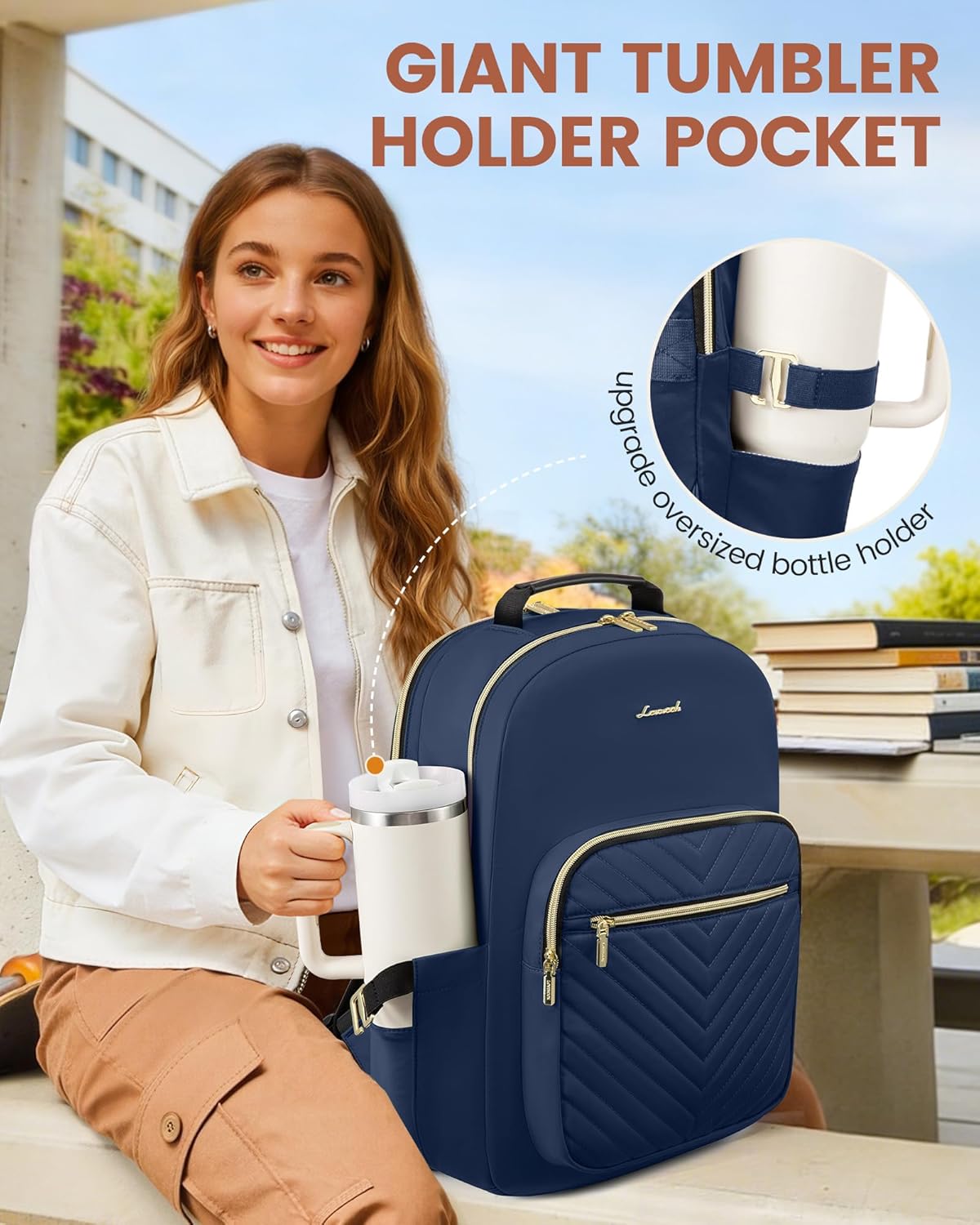 LOVEVOOK Laptop Backpack for Women with Giant Tumbler Holder 15.6 inch,Designer Travel Backpack Laptop Bag College Backpack,Quilted Work Nurse Teacher Backpack Purse Computer Bag Daypack,Navy Blue - Image 2