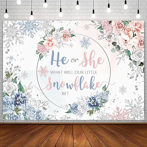Telón de fondo de revelación de género de copo de nieve de invierno de 7 x 5 pies con purpurina plateada para niño o niña, fondo floral rosa y azul