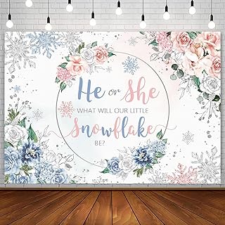 AIBIIN 8x6ft Winter Snowflake Gender Reveal Backdrop He or She Boy or Girl Silver Glitter Pink Blue Floral Photography Background What Will Our Little Snowflake Be Party Decoration Banner Photo Booth