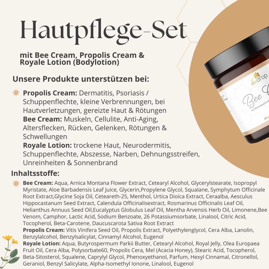 bedrop Hautpflege-Set | Bee Cream (Bienengiftsalbe) 100g + Propolis Cream (Propolis Salbe) 60g + Gelee Royale Körperlotion (Royale Lotion) 100g im Sparset