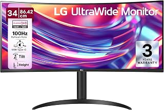 LG 34WR55QK 86.42 cm (34 Inch) 21:9 UltraWide WQHD (3440x1440) Curved Monitor(1800R), sRGB 99%(Typ.), HDR10, Anti-Glare, HDMI X 2, DP, USB-C (PD 65W), HP Out, PBP, Tilt/Height Adjustable Stand (Black)