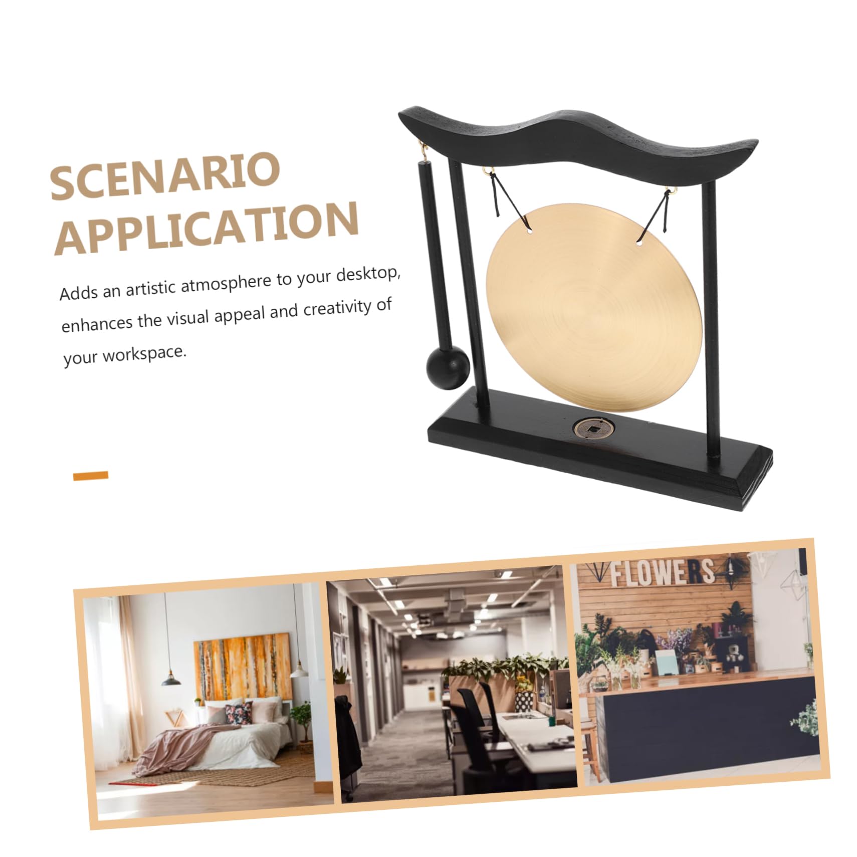 Pequeño Gong Decorativo de Madera y Cobre Dorado Elegante