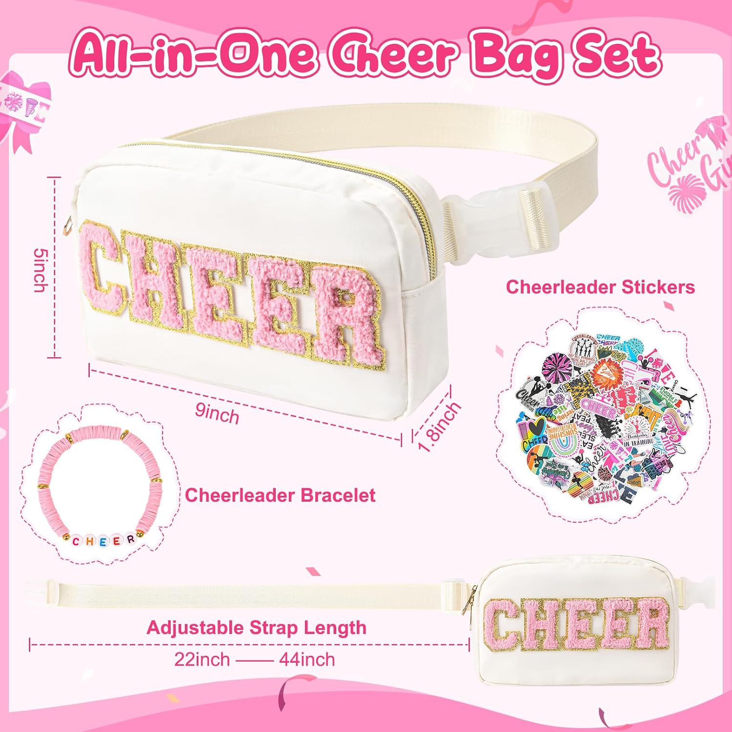 Cheer Bag, Nylon Chenille Letter Belt Bag Fanny Pack With Bracelet and Cheerleader Stickers for Cheerleader Girl Women Birthday Christmas Gift - Beige/Pink image 2