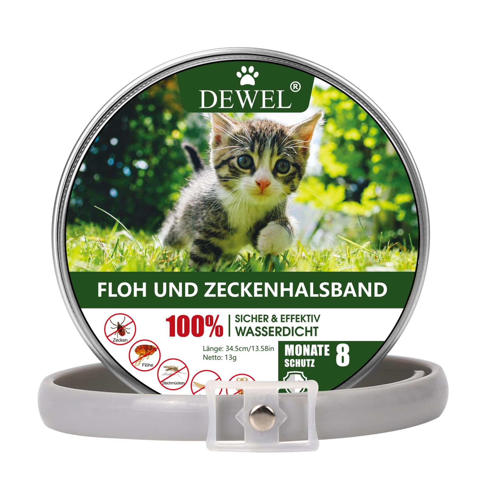 DEWEL 34.5cm Zecken Halsband für Katze, Floh Zecken Kragen Floh-und Zecken Prävention Halsbänder, Verstellbar Wasserdicht Katze Flohhalsband