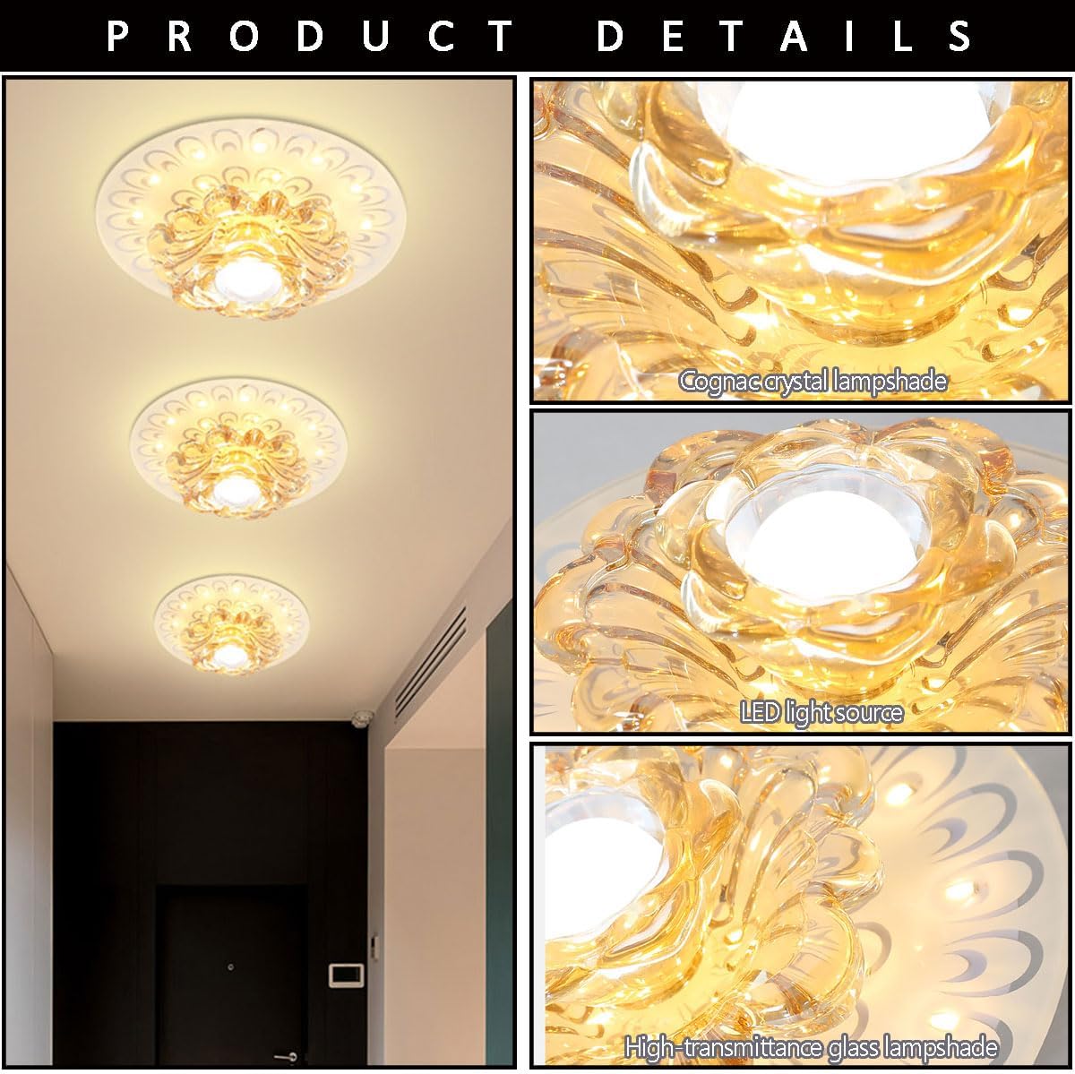 3 Pack Dimmable LED Downlight Recessed LED Crystal Ceiling Light 12W LED Recessed Lighting, Baffle Trim, Daylight Retrofit Downlight for Kitchen, Living Room,Corridor Spotlights