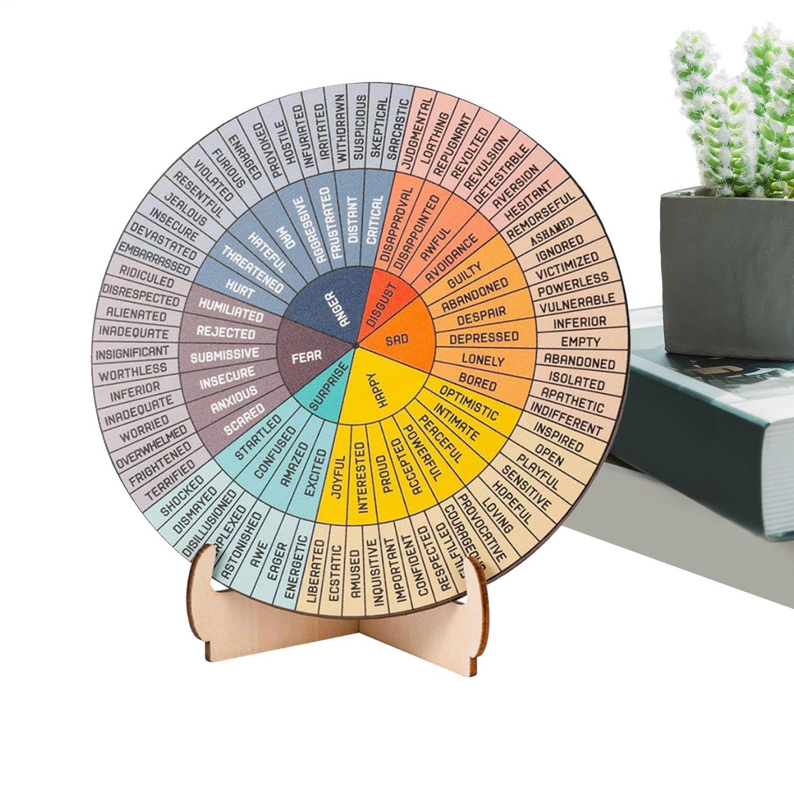 Feelings Wheel With Stand – Tableau d'humeur rond en bois, affichage des émotions double face | Aide visuelle en bois avec indicateur d'émotion, outil de bureau therpi, de l'humeur quotidienne