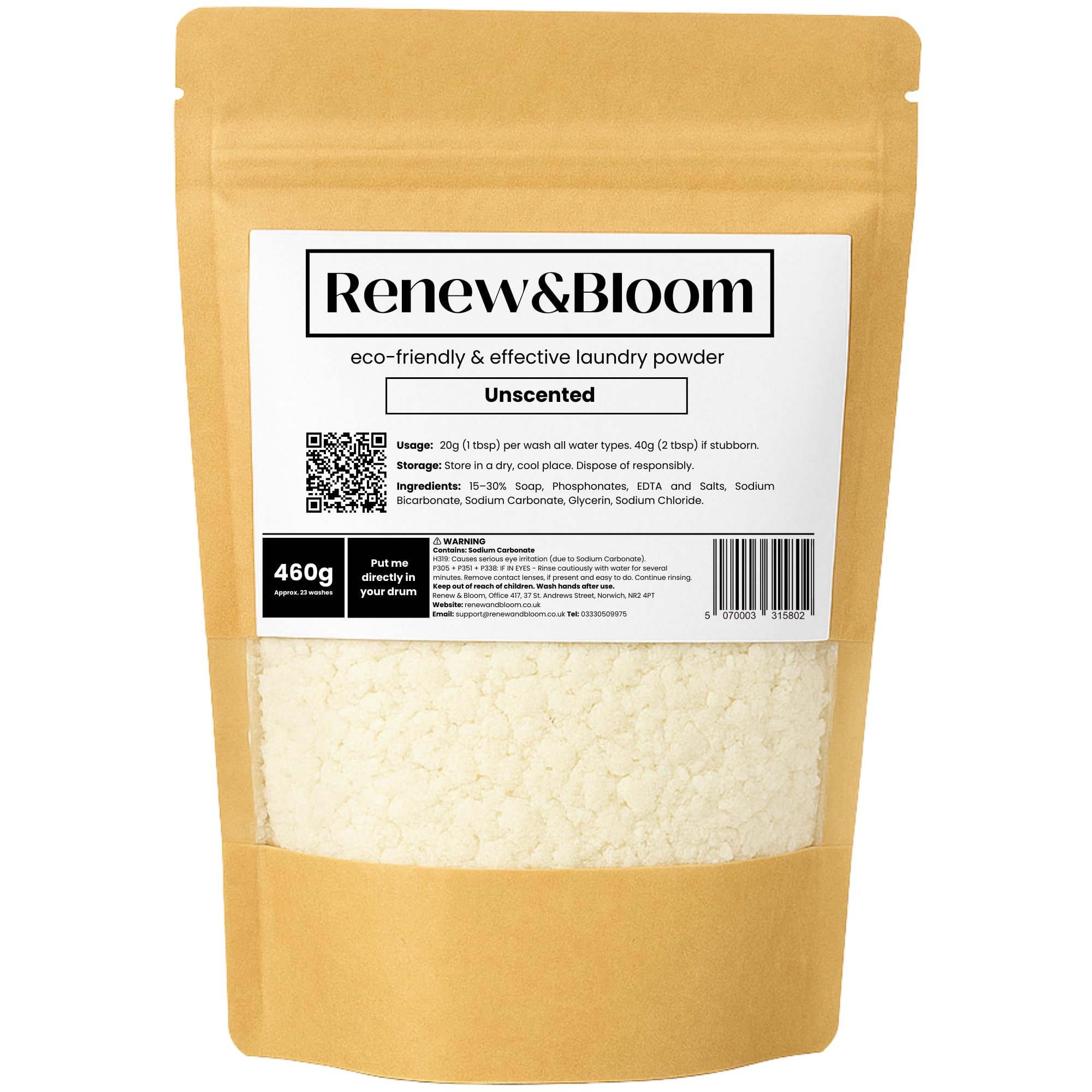 Non-Toxic Laundry Detergent Powder - Eco-Friendly Non-Bio Washing Powder for Sensitive Skin - 23 Washes (460g) - Unscented - Renew & Bloom