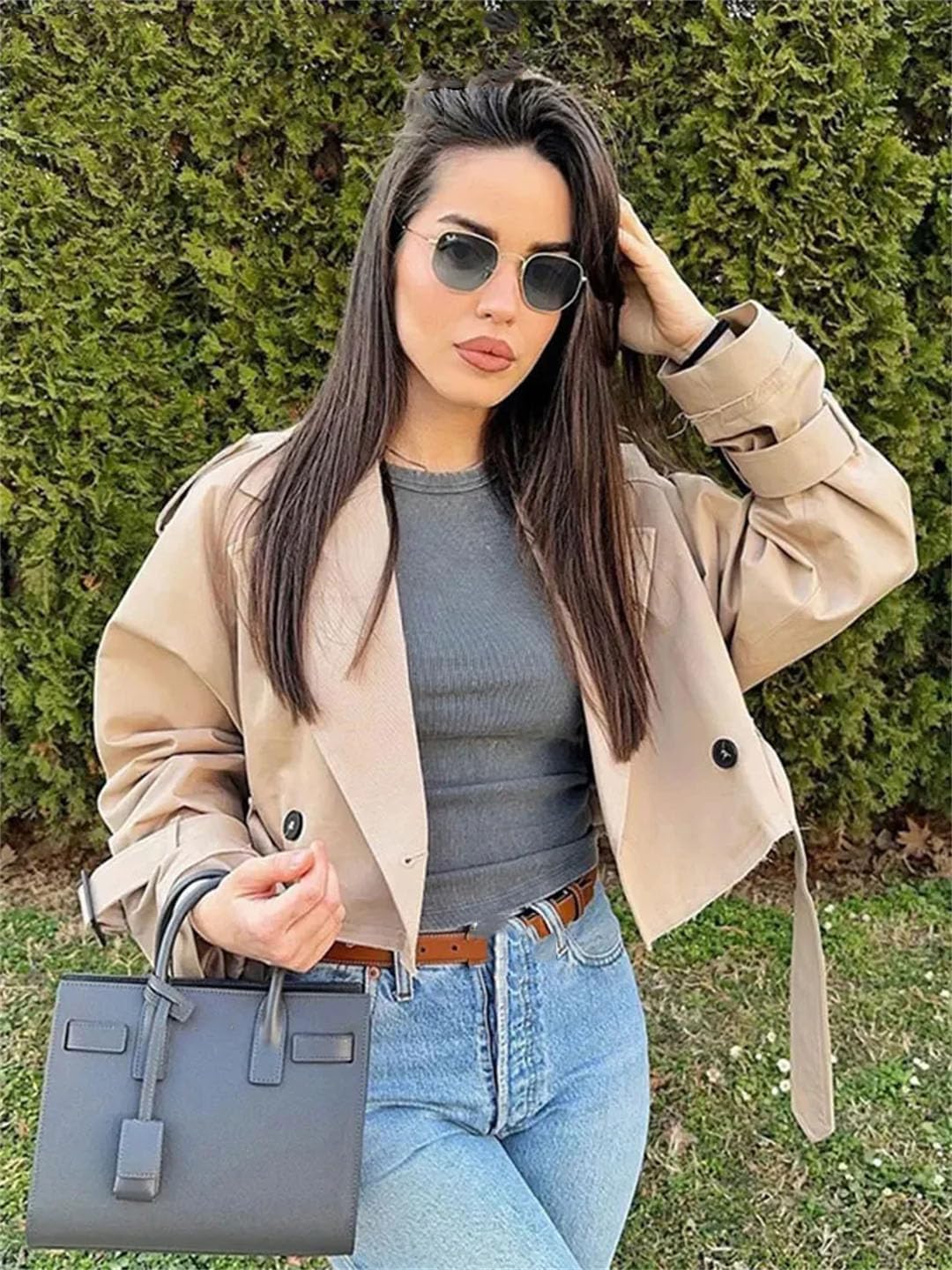 Women with Pocket O Neck Casual Coat Long Sleeve Button Elegant Cropped Raw Edge Blazers