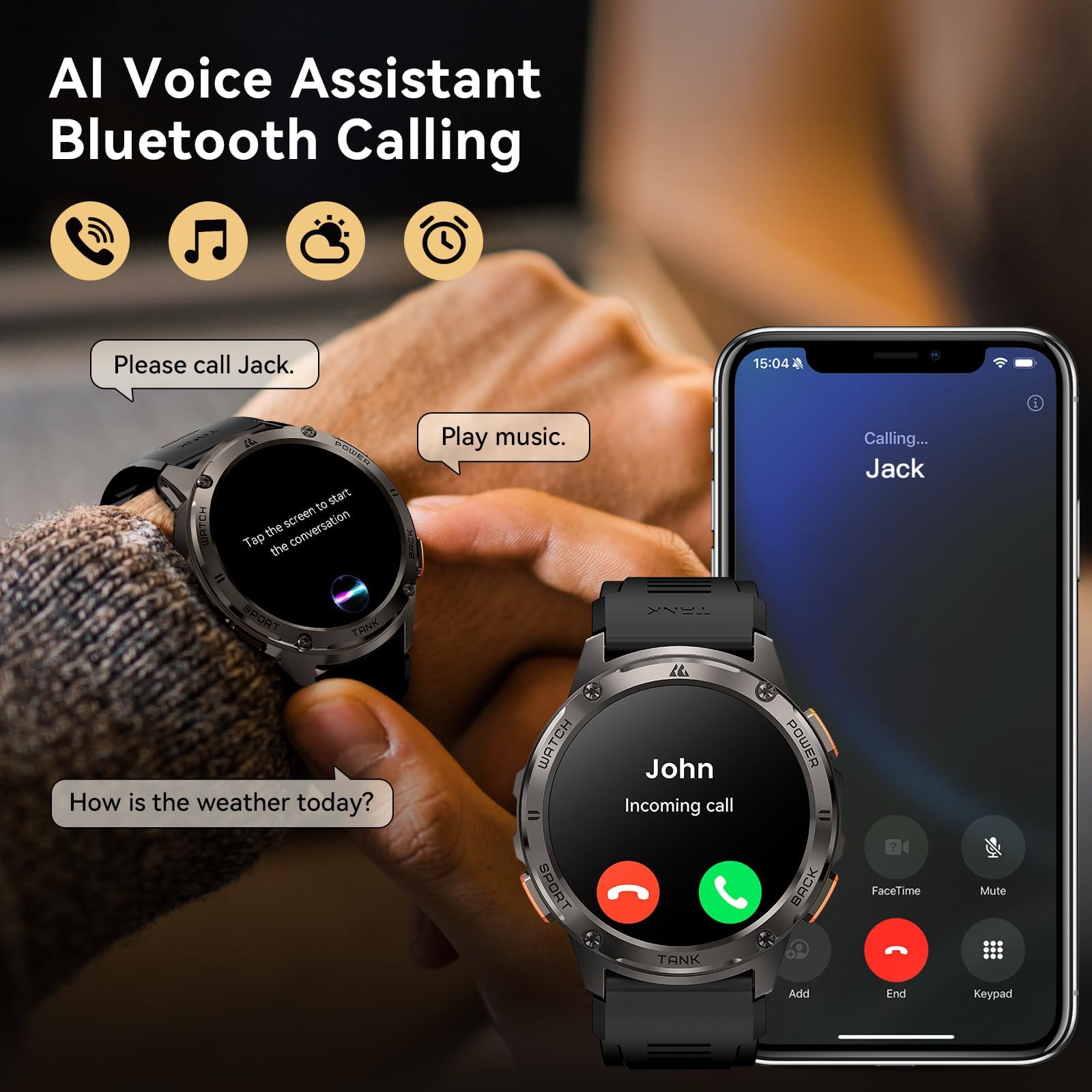 Relojes inteligentes para hombres, batería extra larga de 60 días, llamada Bluetooth militar resistente (contestación/llamadas de marcación), pantalla AMOLED Ultra HD de 1.43 pulgadas, reloj 4