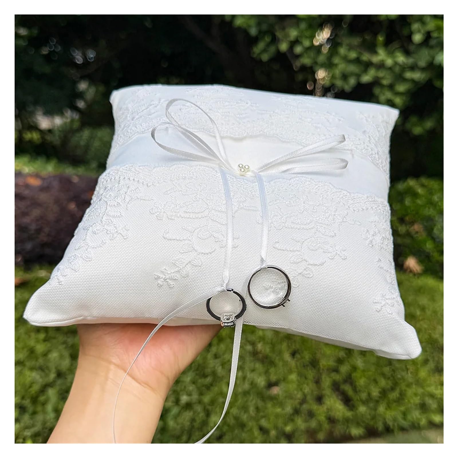 Hochzeit Ringhalter Kissen Kissen for Eheringträger, Ringkissen aus weißer Blumenspitze mit Perlenschleife, Ringhalter for Trauung