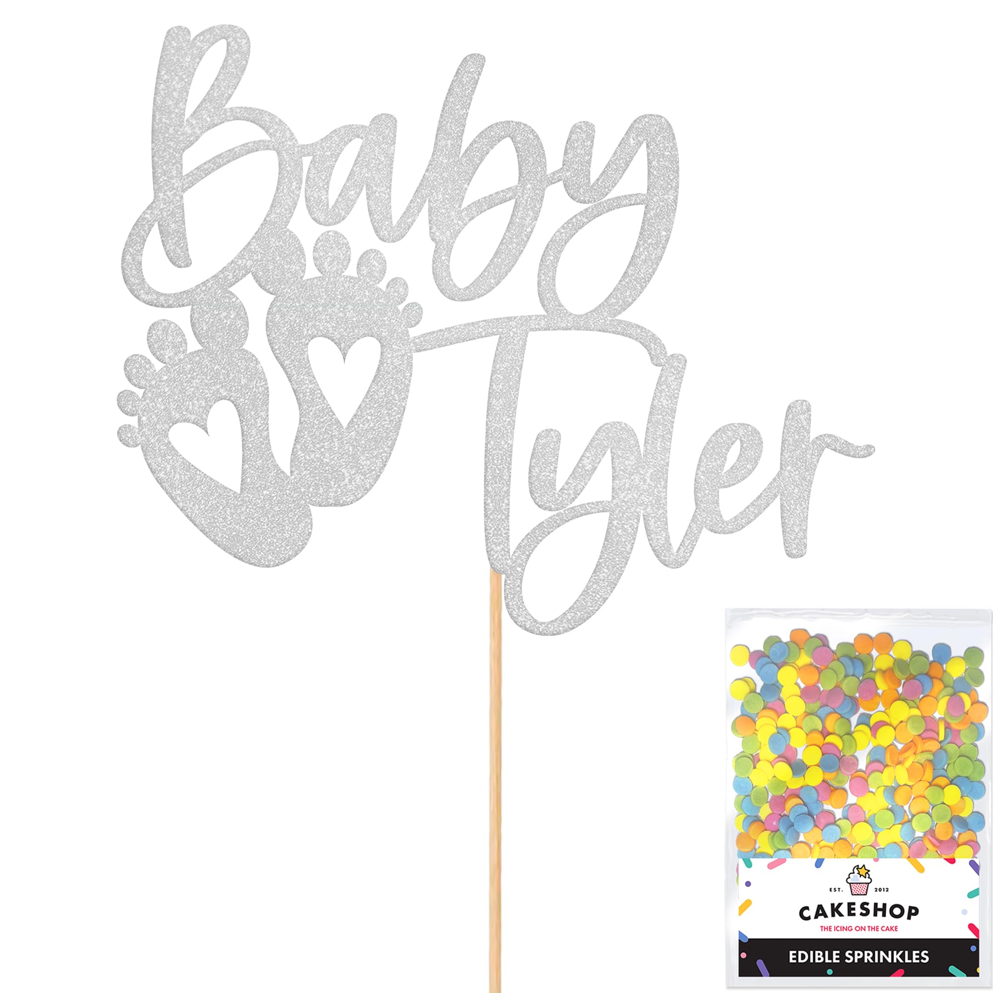 Cakeshop Personalised Baby Glitter Cake Topper With Sprinkles - Light Silver Custom Colour - Any Name - Double-Sided Glitter Card Cake Decoration - Custom Toppers for Cakes
