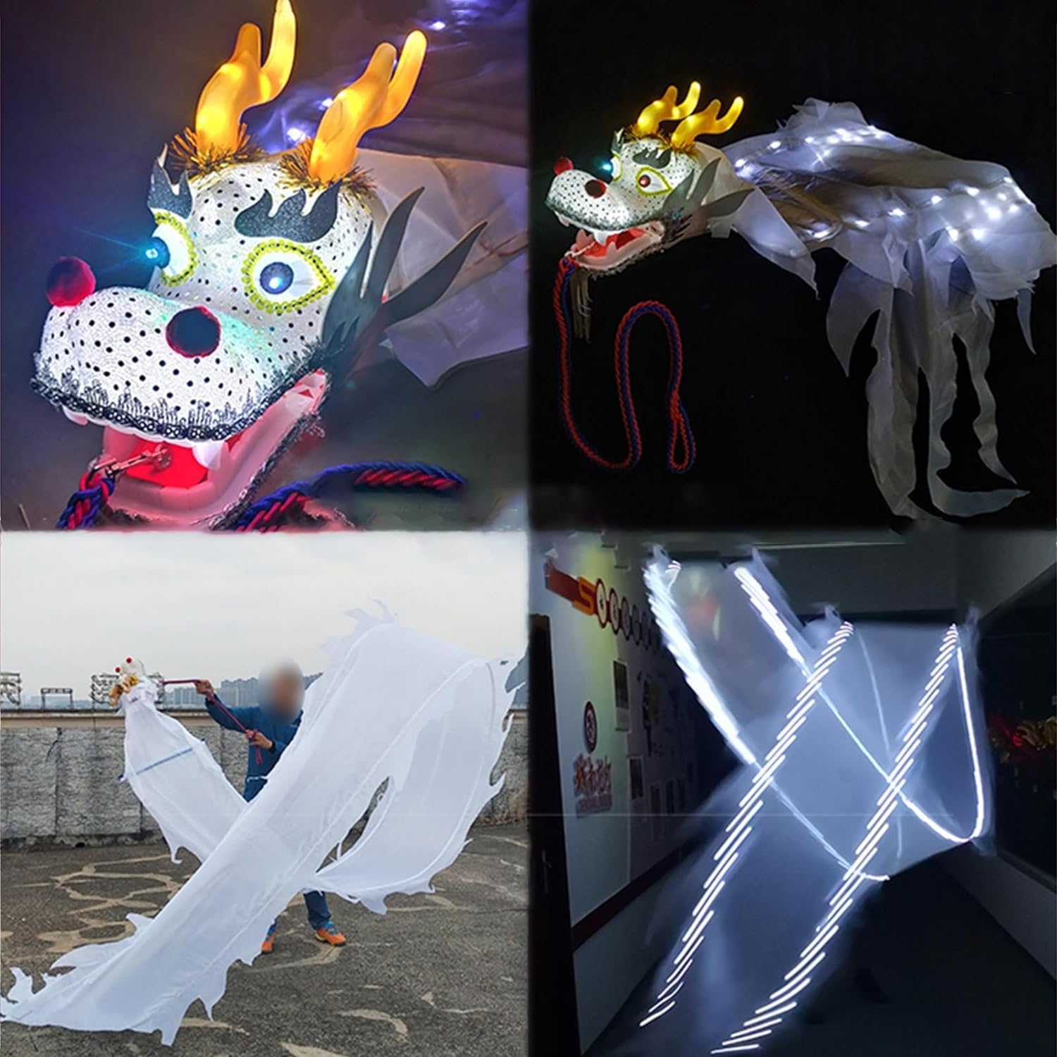 TFG - Ttfd White Dragon Glow Ribbon, Outdoor Sports Fitness Dragon Dance Flag with Header Flashing Glow Silk Dragon Ribbon(10 m (33 ft))