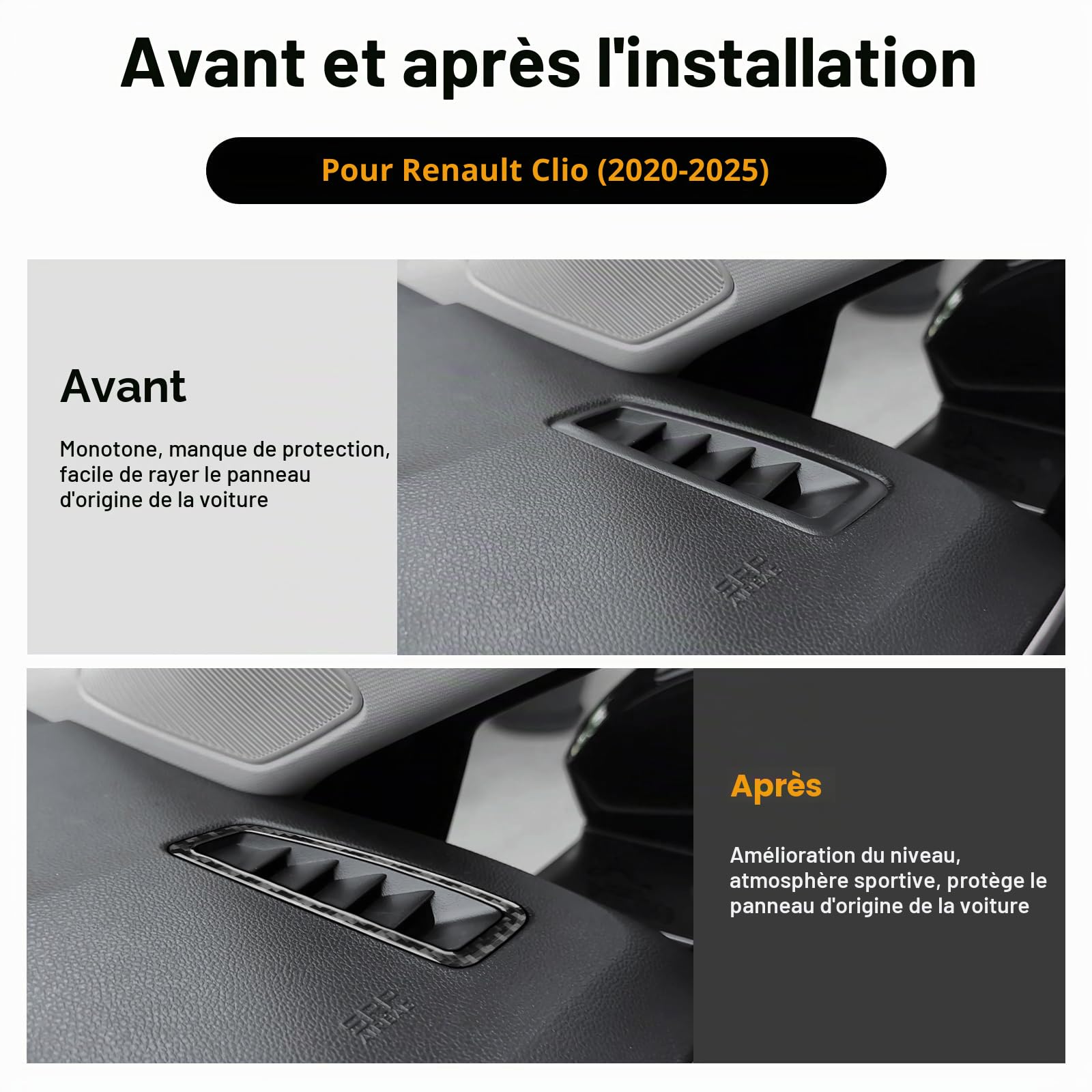 KUNGKIC Pour Renault Clio 5 MK5 2020 2021 2022 2023 2024 2025 Console centrale de voiture, tableau de bord, des deux côtés, cadre de sortie d'air, autocollant intérieur, accessoires décoratifs, cadeau