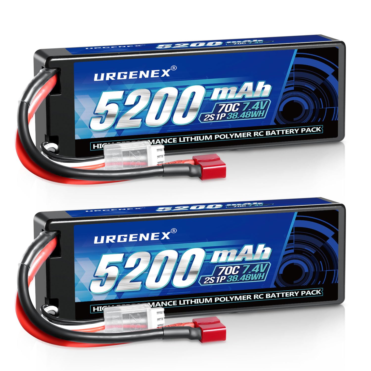 URGENEX 5200mAh Lipo Battery 2S 70C High Discharge Rate RC Batteries  with Dean-Style T Plug Fit for Most 1/8 1/10 RC Car Trucks Vehicles(2 Packs)