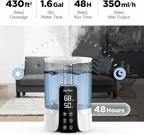 Miniatura 2 de Sejoy Humidificadores de 6L para dormitorio, habitación grande y bebé, humidificador ultrasónico de escritorio de llenado superior de niebla fría,