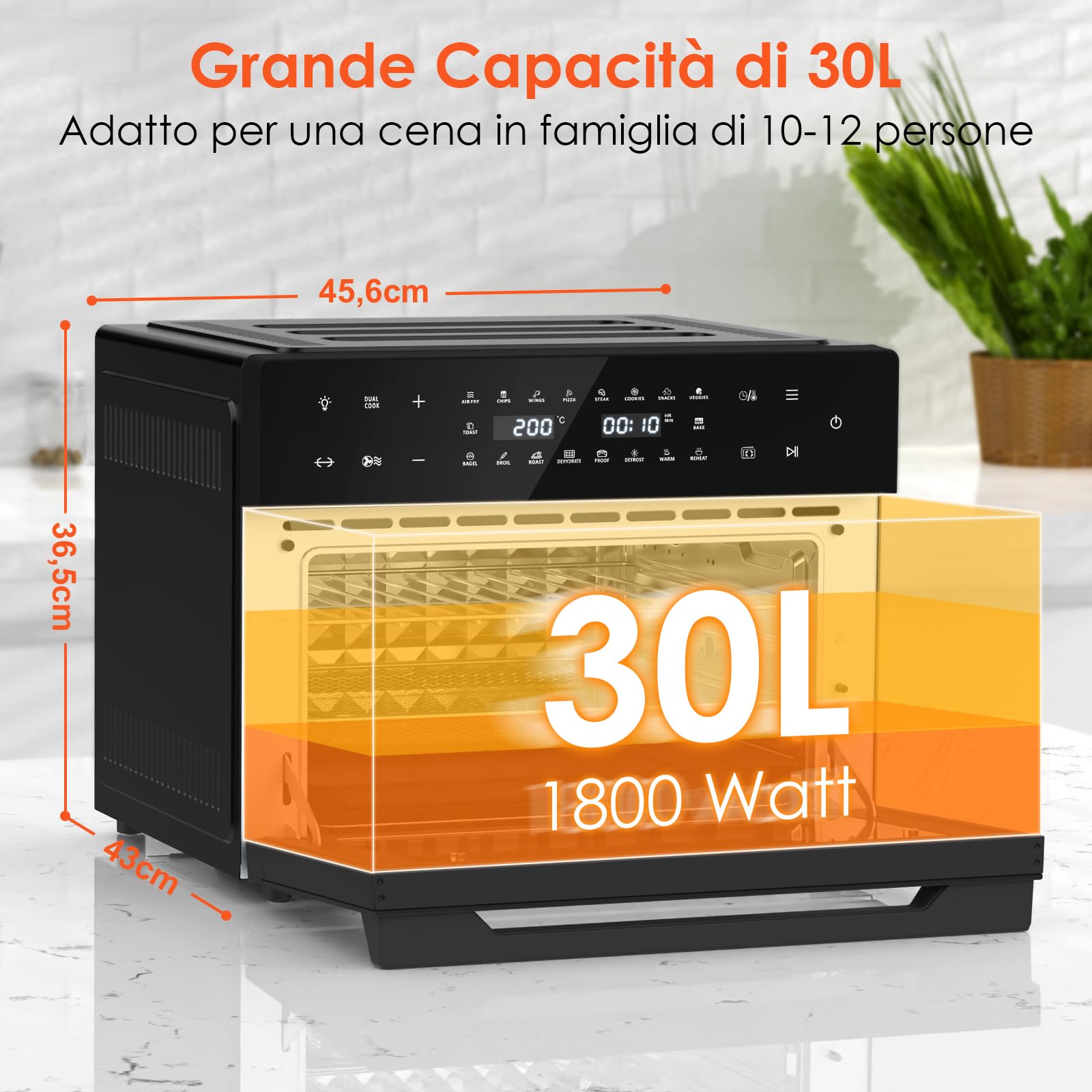 LLIVEKIT 30L Friggitrice ad Aria Forno XXL con Girarrosto Rotante, Mini Forno a Convezione 20 Programmi e 9 Accessori, Friggitrice ad Aria Senza Olio con Schermo a LED, Ricettario, 80 °C-230 °C
