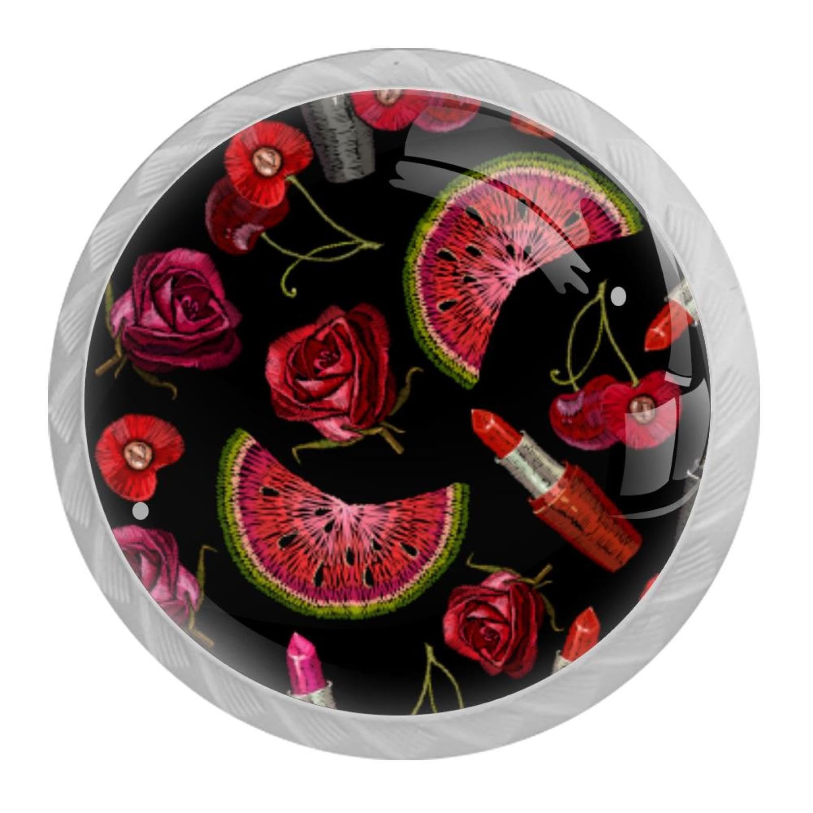 Tqmspg 4 Pieces Drawer Pulls Red Roses Watermelons Door Knobs Dresser Handles for Kitchen Wardrobe Cupboard Hardware Furniture