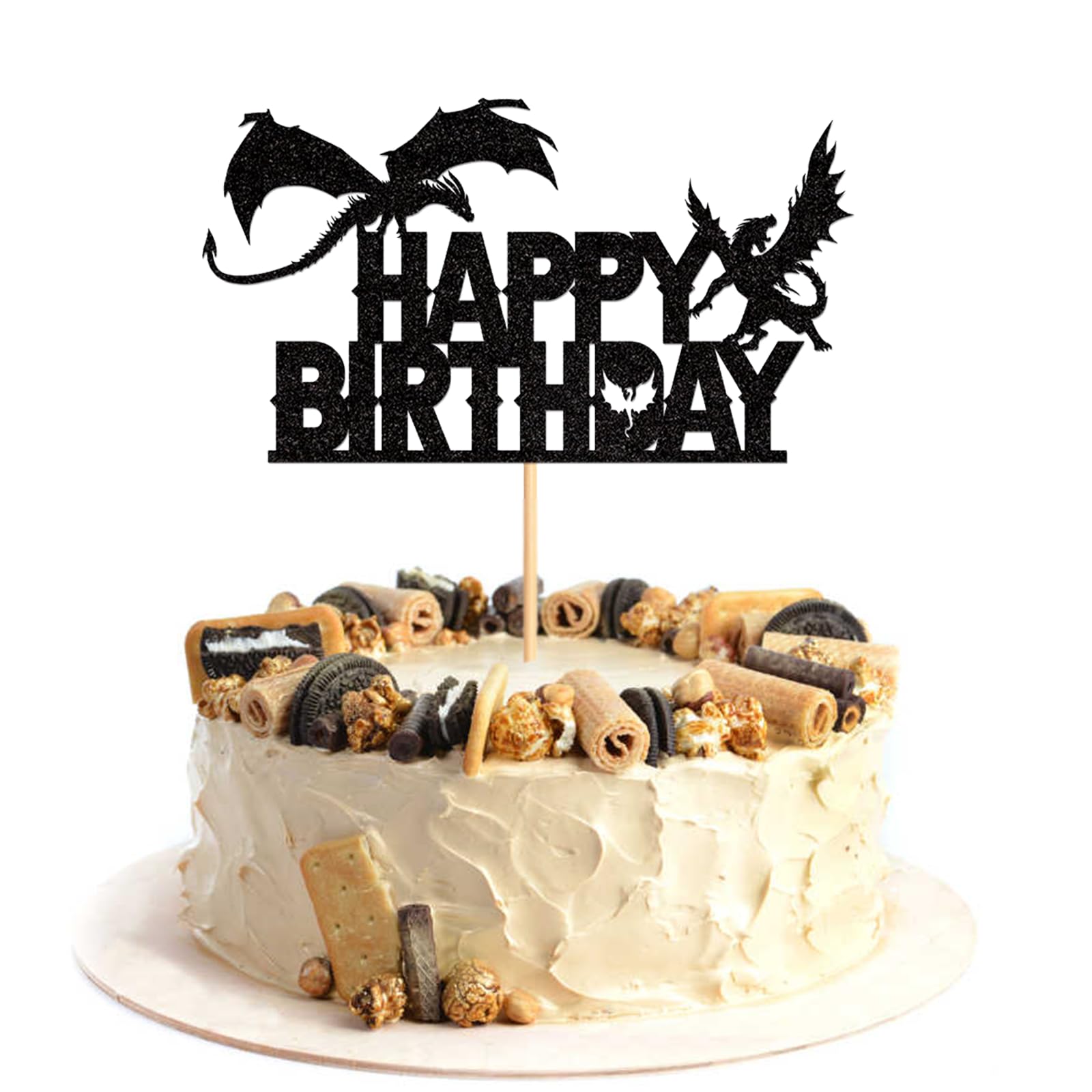 ZpiLkes Dragon Happy Birthday Cake Topper Black Glitter Fantasy Birthday Cake Decoration for Medieval Dragon Theme Party Kids Birthday Party Baby