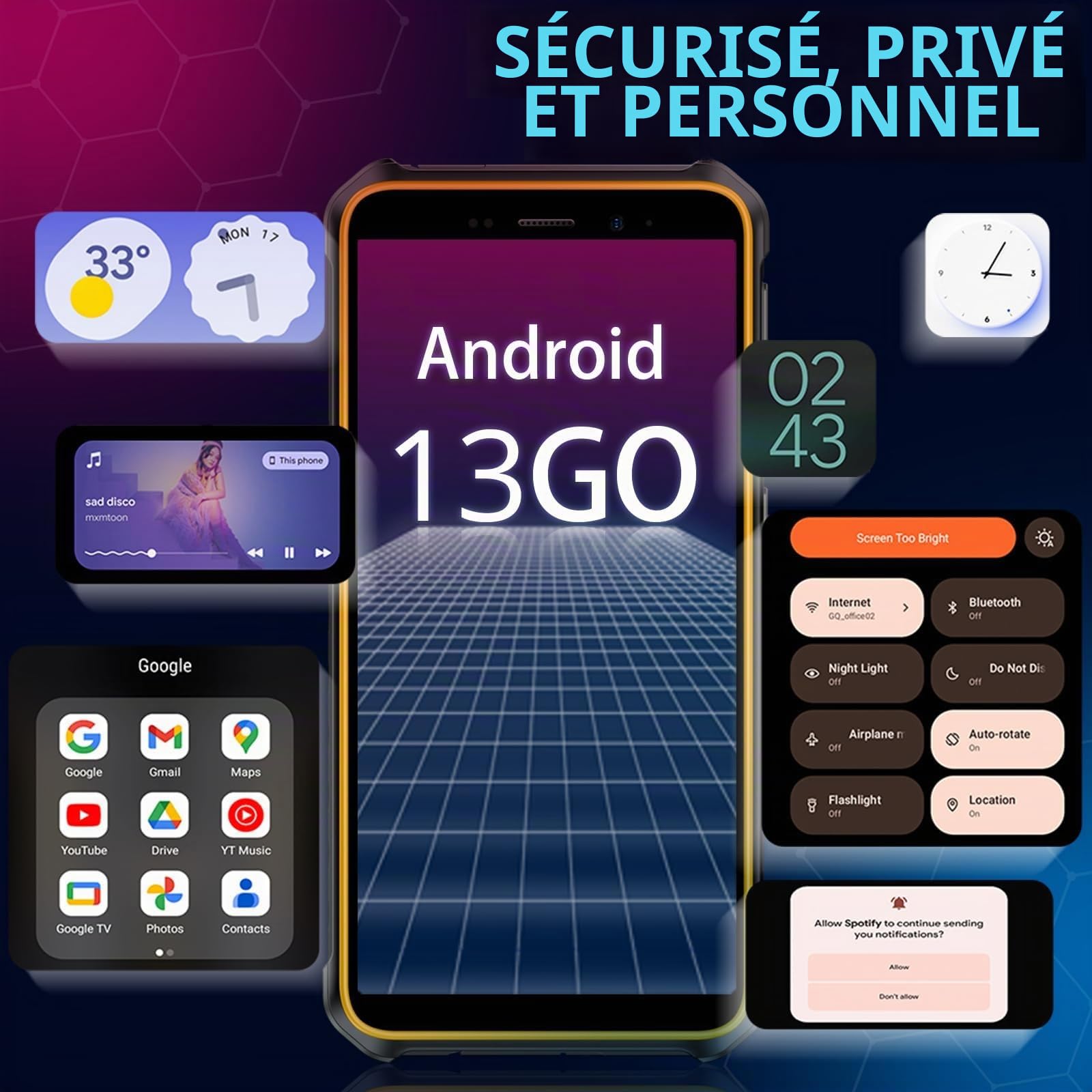 X12 Smartphone Incassable, Téléphone Portable Étanche IP68/IP69K, 6GB RAM + 32GB ROM, Écran HD+ 5,45 Pouces, Caméra 13MP, Batterie 4860mAh, Android 13, 4G Dual SIM/NFC/OTG/GPS, Noir