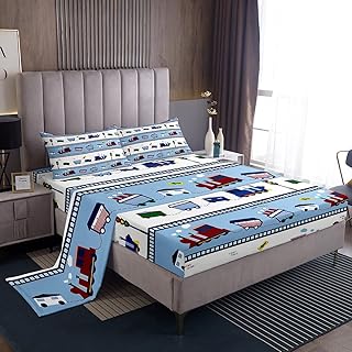 Kids Train Sheet Set Vehicles BedÂ SheetsÂ Set for Boys Children Teens Bedroom Choo-Choo Rail Roads Tracks SheetsÂ withÂ DeepÂ PocketÂ FittedÂ Sheet Cartoon Car Blue BeddingÂ Set Full with 2 Pillow