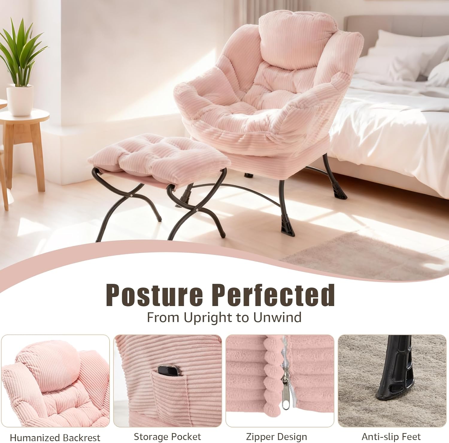Large Lazy Chair and Ottoman for Adults, Accent Chair Oversized Lounge Armchair with Side Pocket & Footrest, Comfy Reading Chair Leisure Sofa for Bedroom, Living Room, Office (Corduroy, Pink, Single)