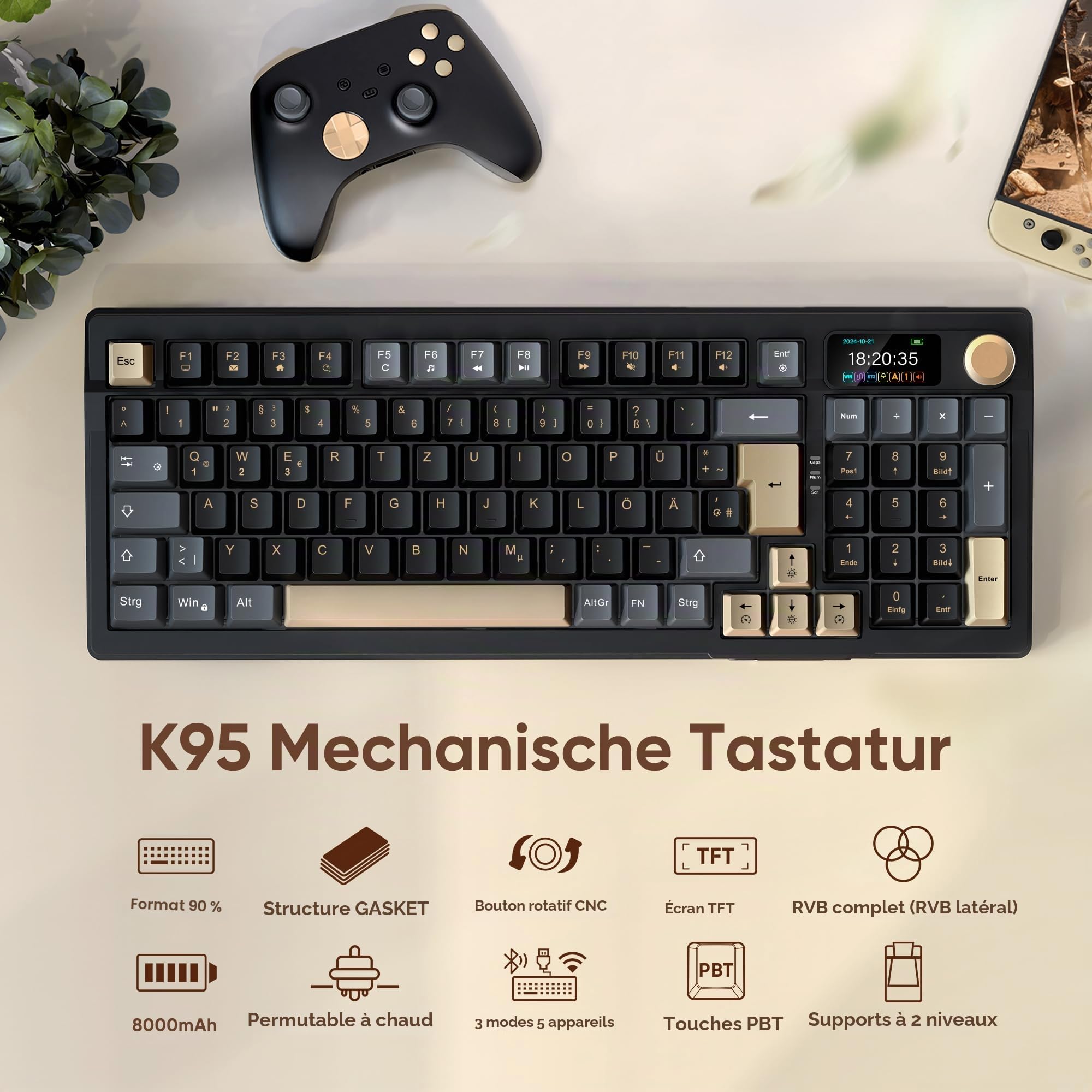 RedThunder K95 Clavier de jeu mécanique sans fil 1,88" QWERTZ 96 touches Gasket BT/USB-C/2,4 GHz logiciel échange à chaud interrupteur rose linéaire RVB PBT