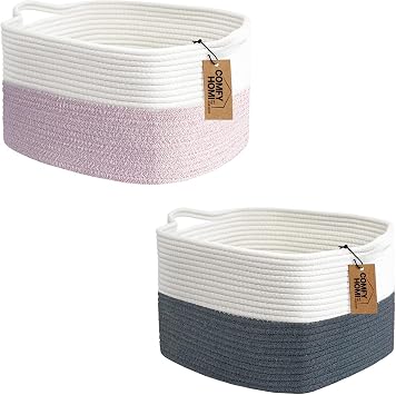 COMFY-HOMI 13.5"x11"x 9.5" Square Cotton Rope Woven Basket with Handle Laundry Storage Bin Set of 2 White/Pink and White/Dark Grey