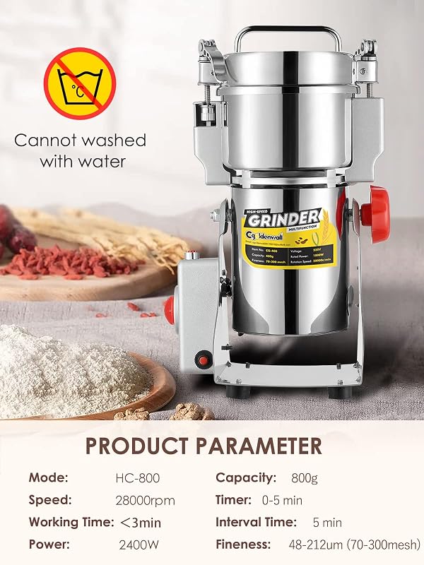 CGOLDENWALL 800g Electric Grain Grinder Mill Safety Upgraded 2400W High-speed Spice Herb Grinder Commercial Superfine Machine Dry Cereals Pulverizer CE 110V (800g Swing Type) by CGOLDENWALL - Used condition - Image 7