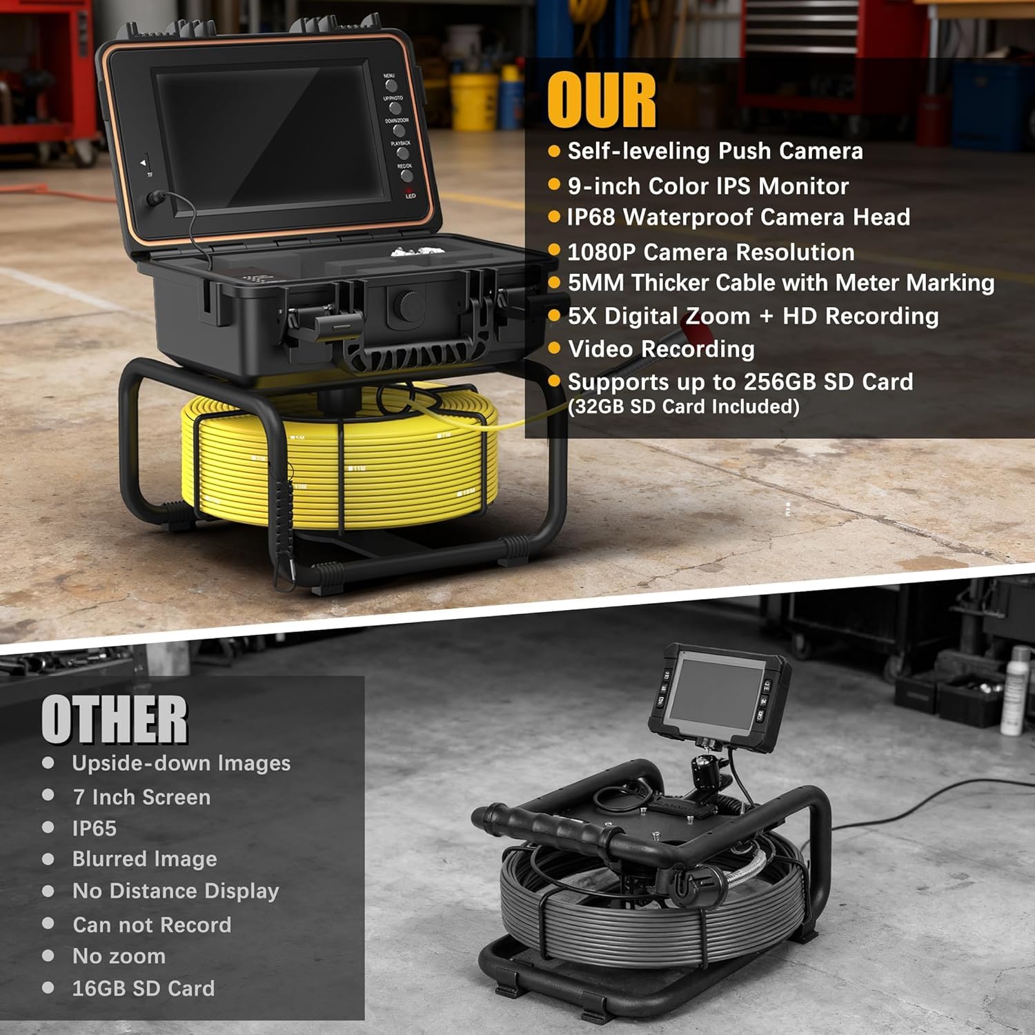 Sewer Camera, 9" HD Industrial Borescope Drain Camera with Self-Leveling, IP68 Video Endoscope Pipe Inspection Cameras, 100Ft(30M) 5MM Thicker Cable with Meter Marking, 5X Zoom, DVR, 32GB