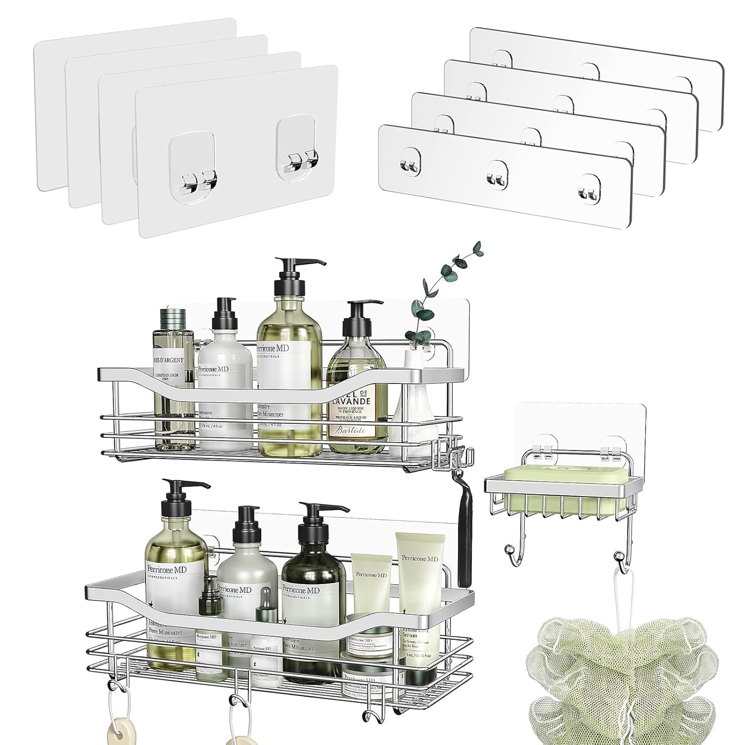 Orimade Shower Caddy with Soap Dish Bundle with 3-Hook Adhesive Strip And 2-Hook Adhesive Pad