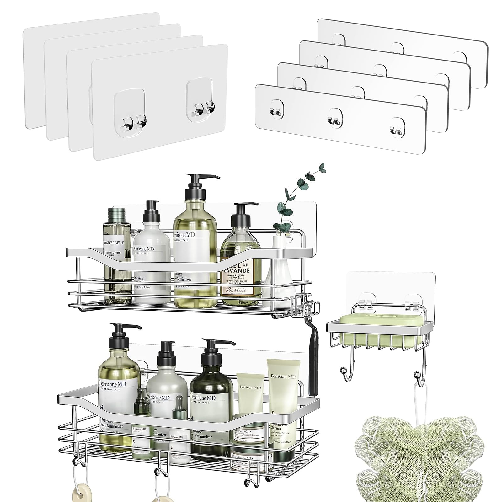 Orimade Shower Caddy with Soap Dish Bundle with 3-Hook Adhesive Strip And 2-Hook Adhesive Pad