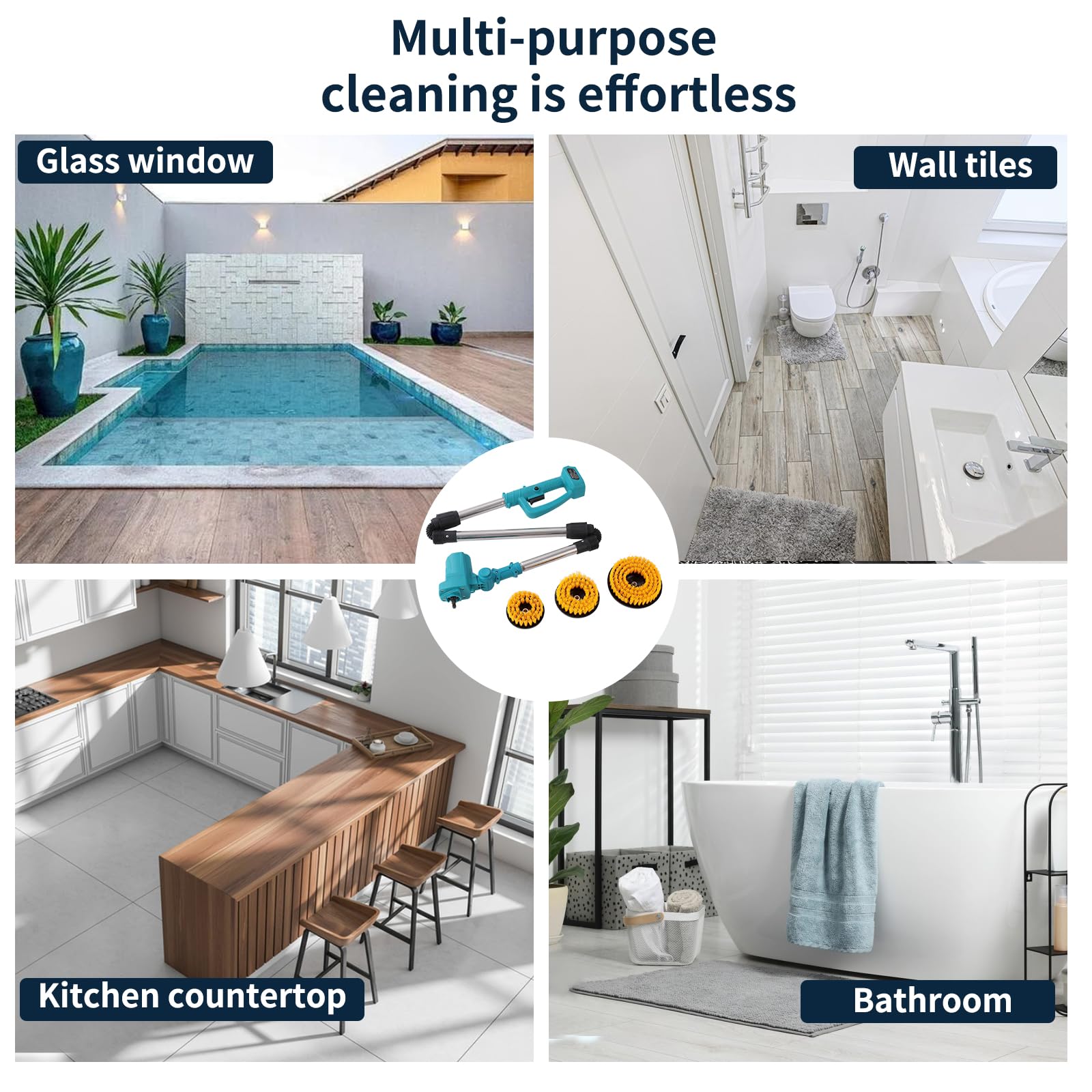 Scrubber elettrico extra lungo pieghevole compatibile con batteria Makita da 18 V (solo strumento), spazzola rotante ricaricabile senza fili, 1800 giri/min, spazzola per la pulizia senza fili con 6