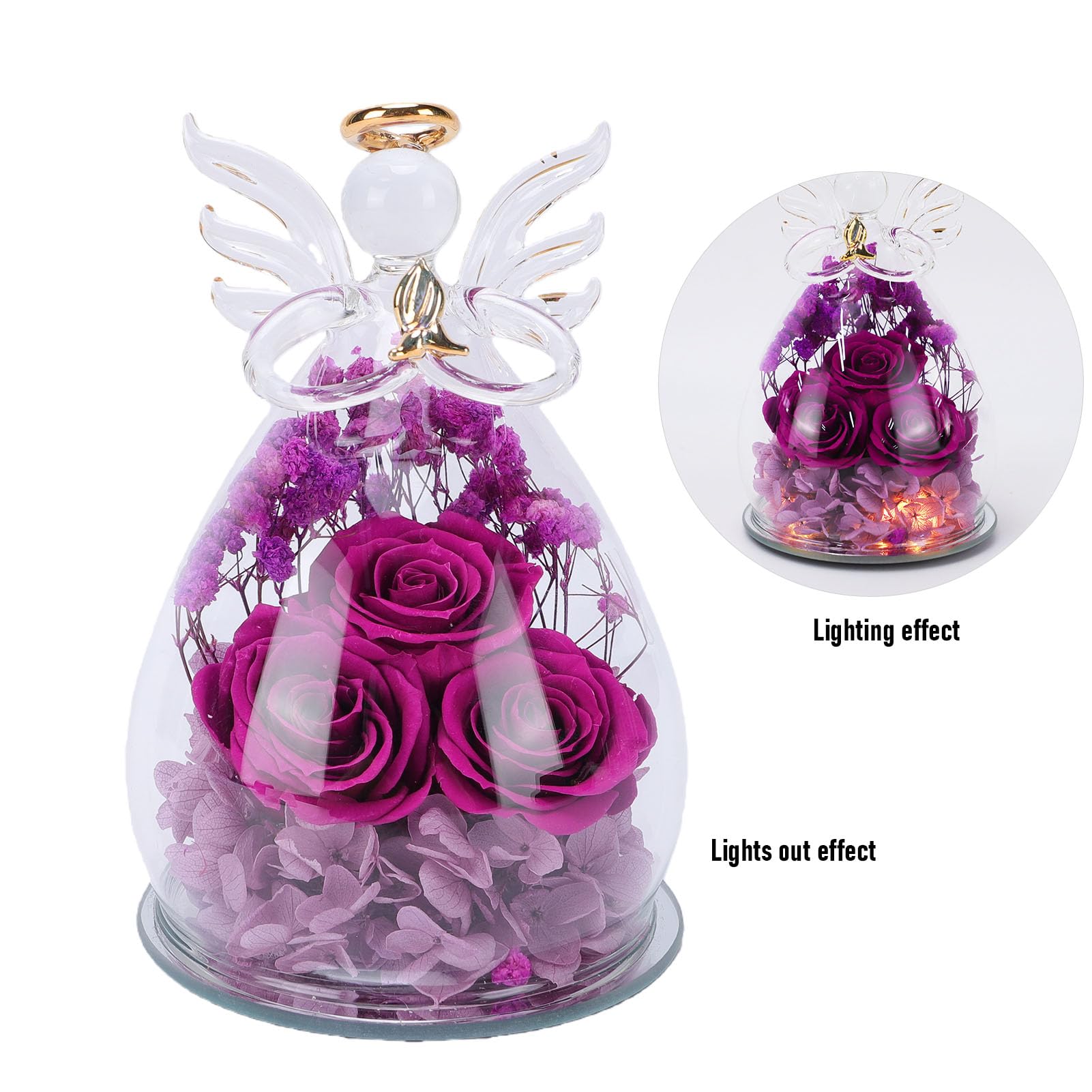 Figurina di Angelo con Fiori Conservati in Vetro, Statuetta di Rosa Eterna in Vetro, Fiori per Sempre, Rose, Regali per Donne, Mamma, Compleanno, Anniversario, Nonna, Moglie
