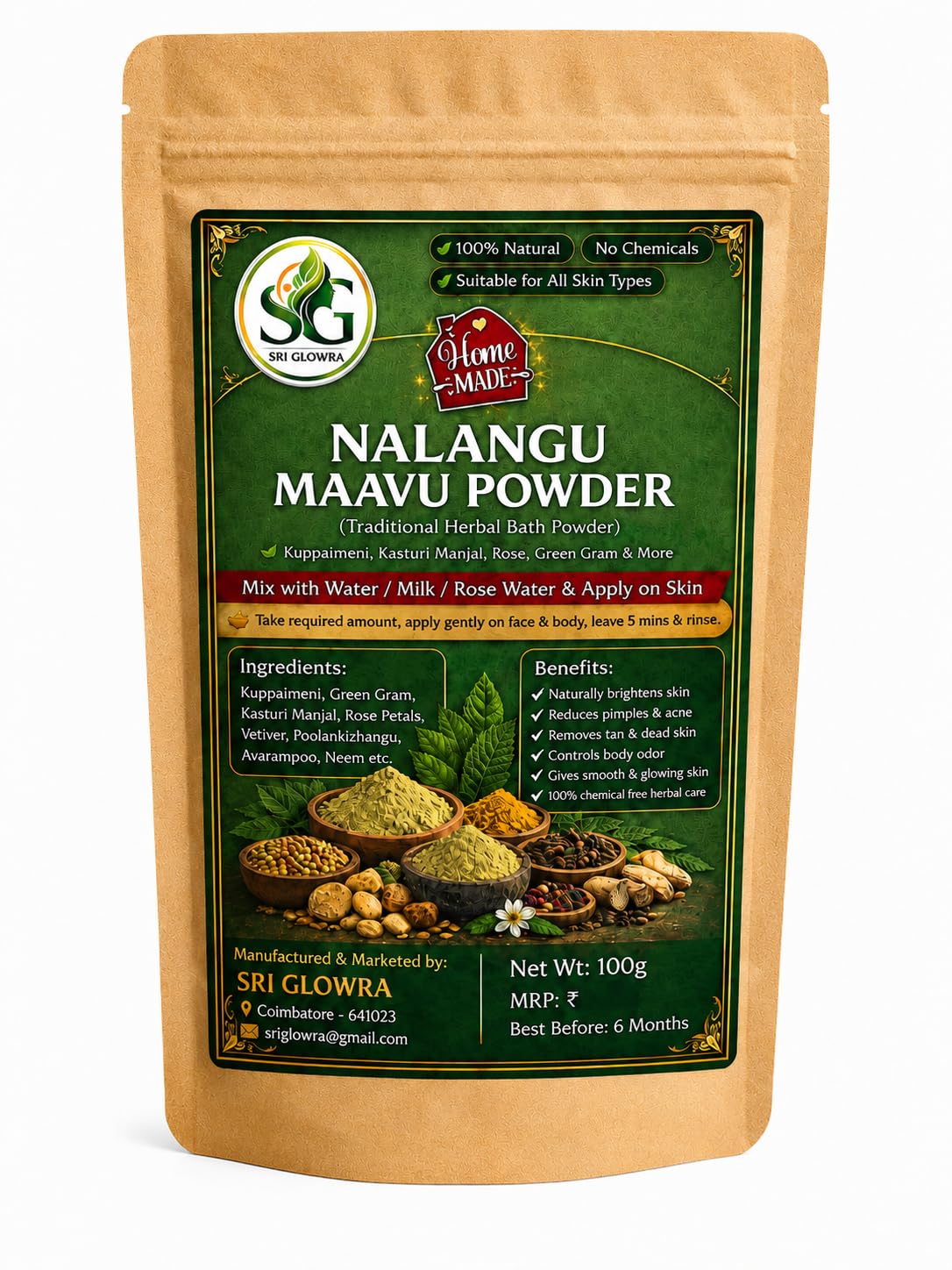 Sri Glowra Nalangu Maavu Powder 100g | Traditional Herbal Bath Powder | Natural Skin Cleanser | Kasturi Manjal, Green Gram, Rose Petals & Kuppaimeni | Face & Body Ubtan | Suitable for Men & Women-picture-35