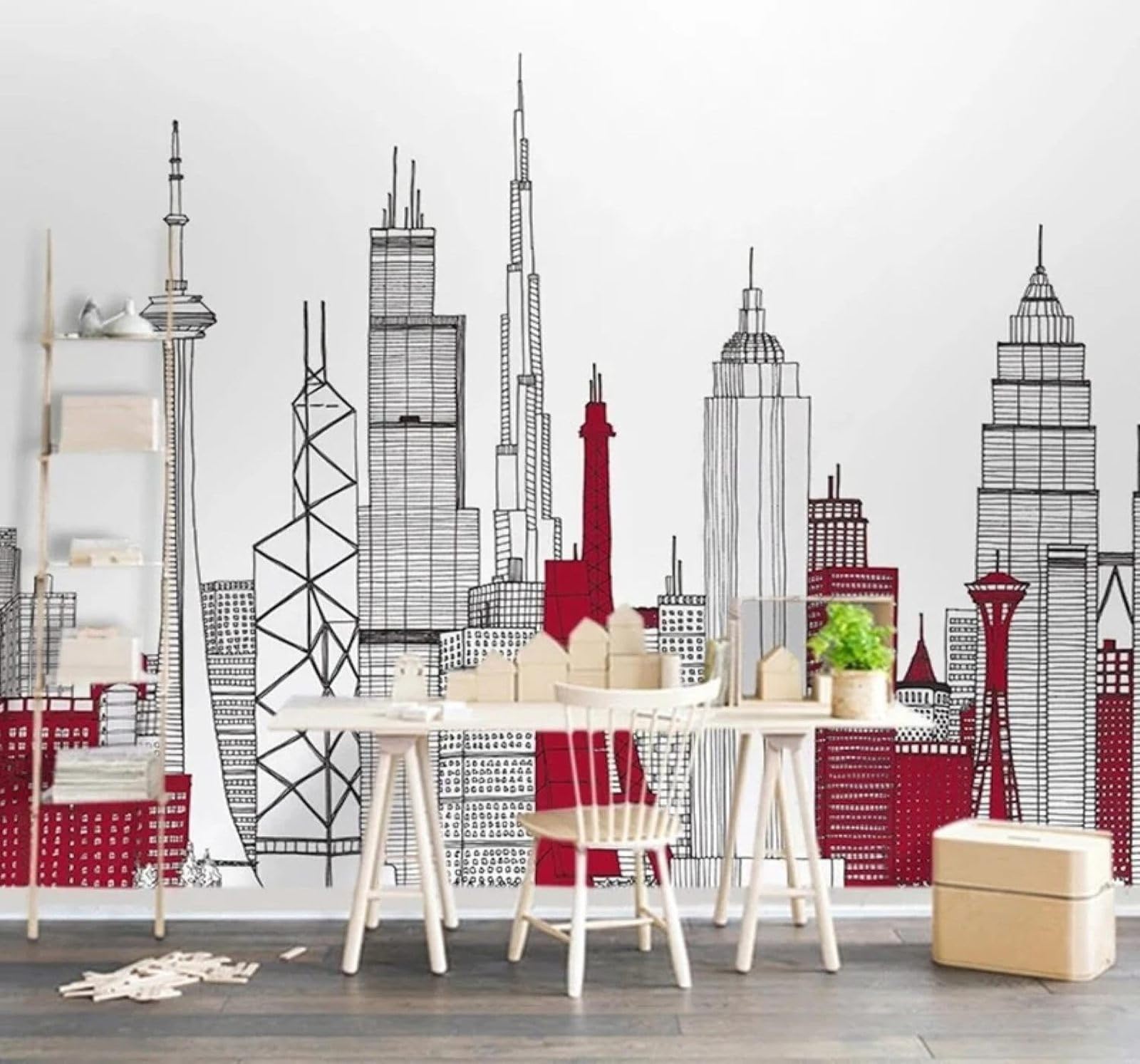 XLMING Hand Drawn Black and White Red Lines City Architecture 3D Wallpaper Luxury Home Dining Decor Paste Sofa Living Room The Wall for Bedroom Mural-350cm×256cm
