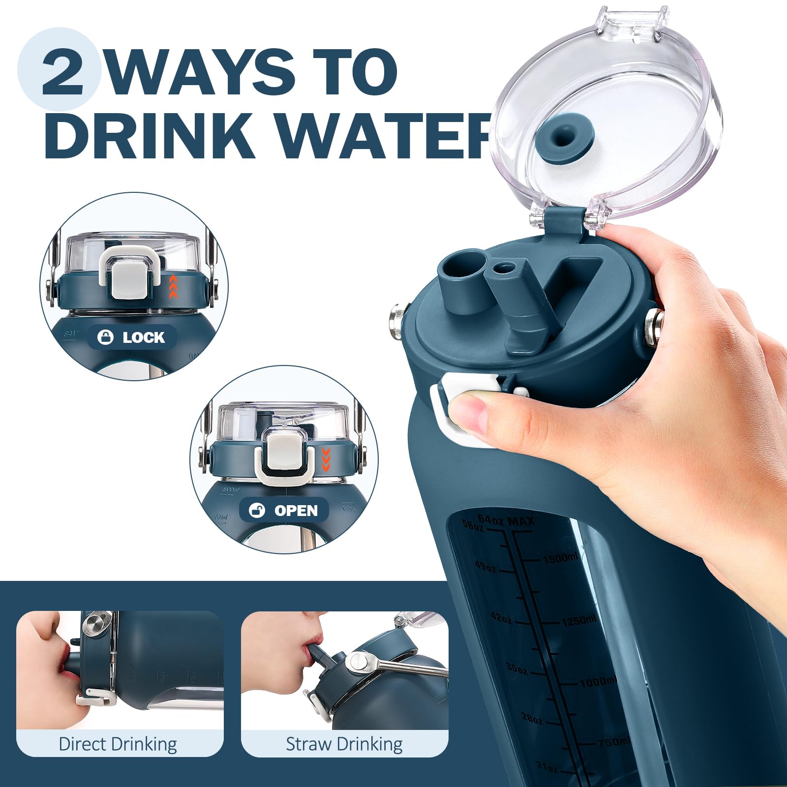 BLUEGO 2L Bottiglia d'acqua in vetro con manico in acciaio inox, manicotto in silicone e cannuccia per palestra, ufficio e sport all'aperto, senza BPA, Blu scuro