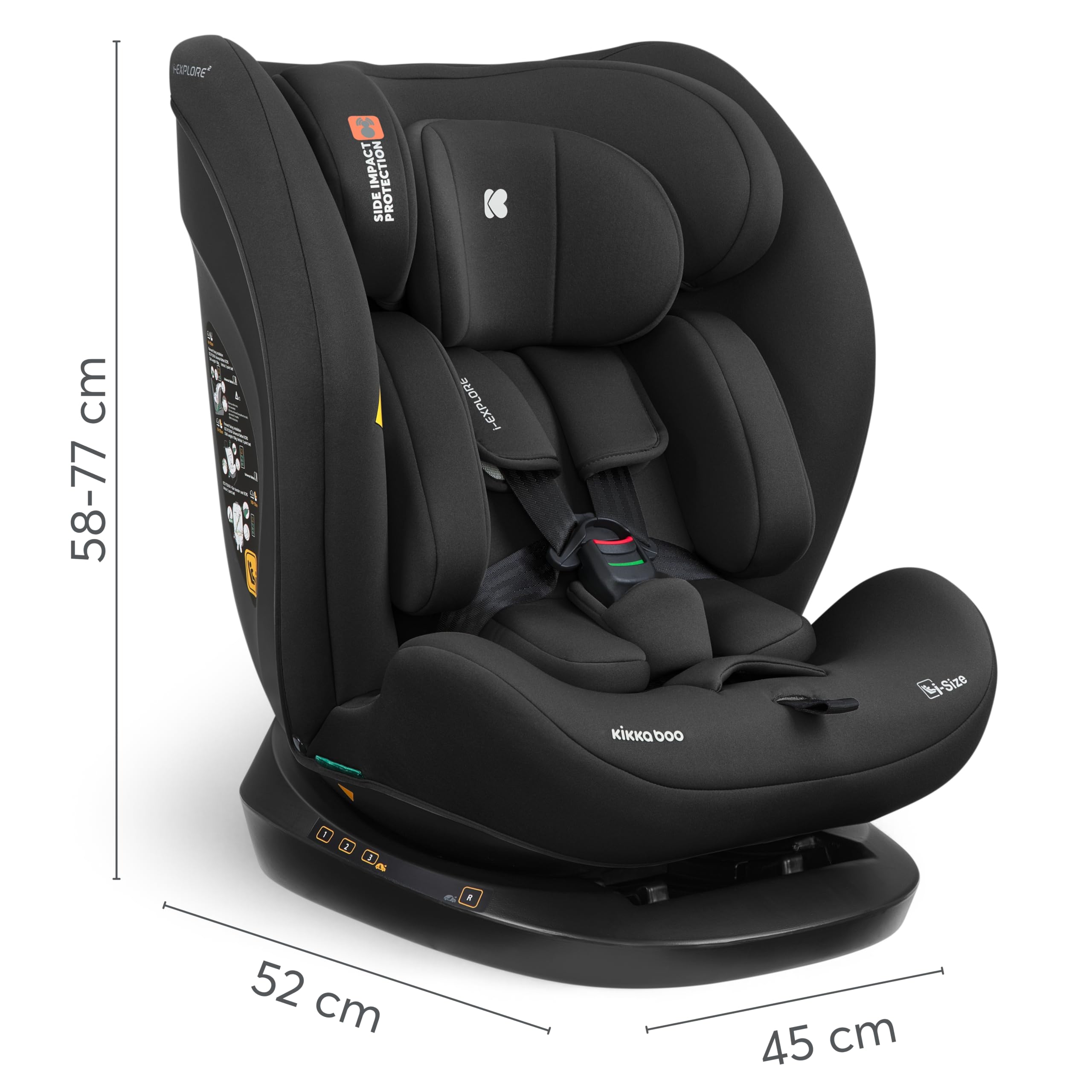 KikkaBoo Siege Auto Bebe 0 À 36kg i-EXPLORE 2, i-Size, 40-150 Cm, Groupe 0/1/2/3, Dos Et Face À La Route, Inclinable, Appui-Tête 14 Positions, Harnais 5 Points, Noir