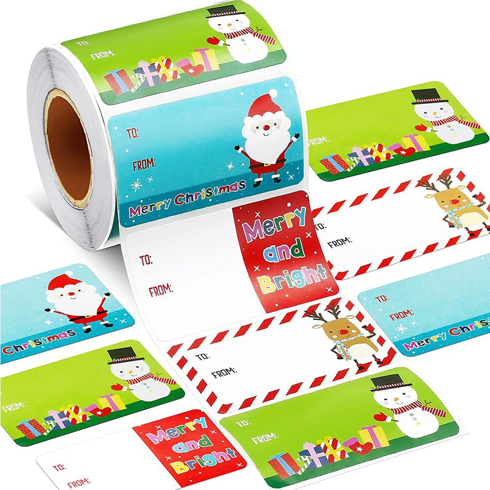 HANGDENGO Personalized Christmas Stickers Gift Tags - Santa, Reindeer, Christmas Tree - 250pcs/roll