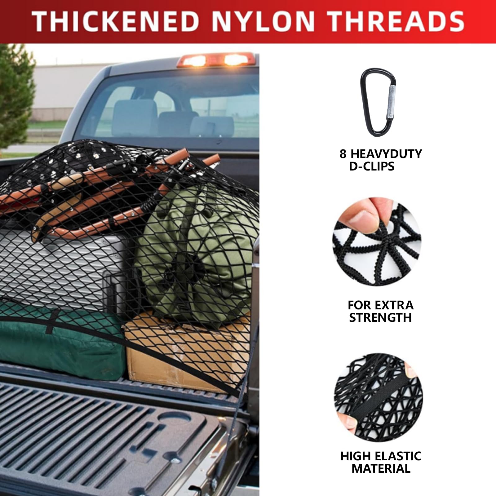 Cargo Net for Pickup Truck Bed - Stretchable Mesh Organizer With 6 Metal Carabiner Clips and 6 Hooks - Suitable for Daily Light Loads of Trucks and SUVs