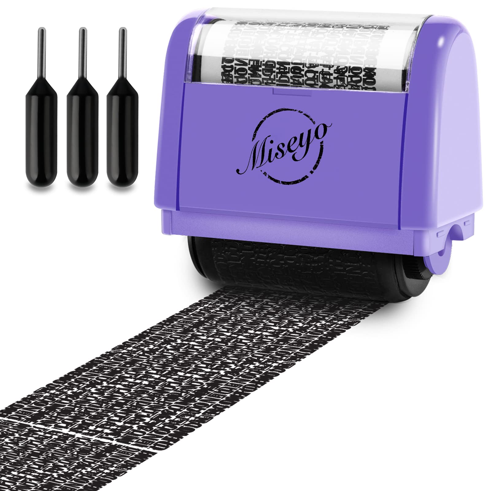 Miseyo Wide Identity Theft Protection Roller Stamp Set - Purple (3 Refill Ink Included)